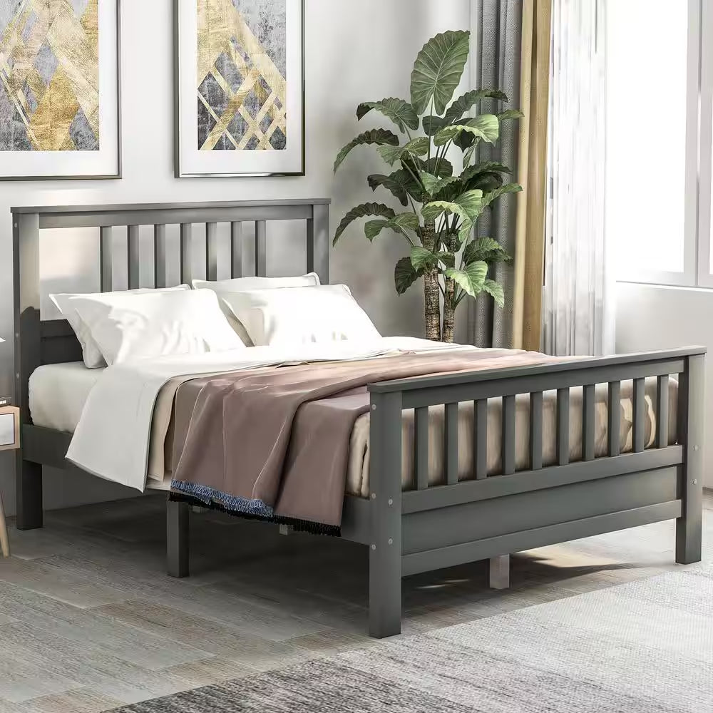 Full Bed Frame, Platform Wood Bed Frame with Headboard, No Box Spring Needed (Grey, Full)