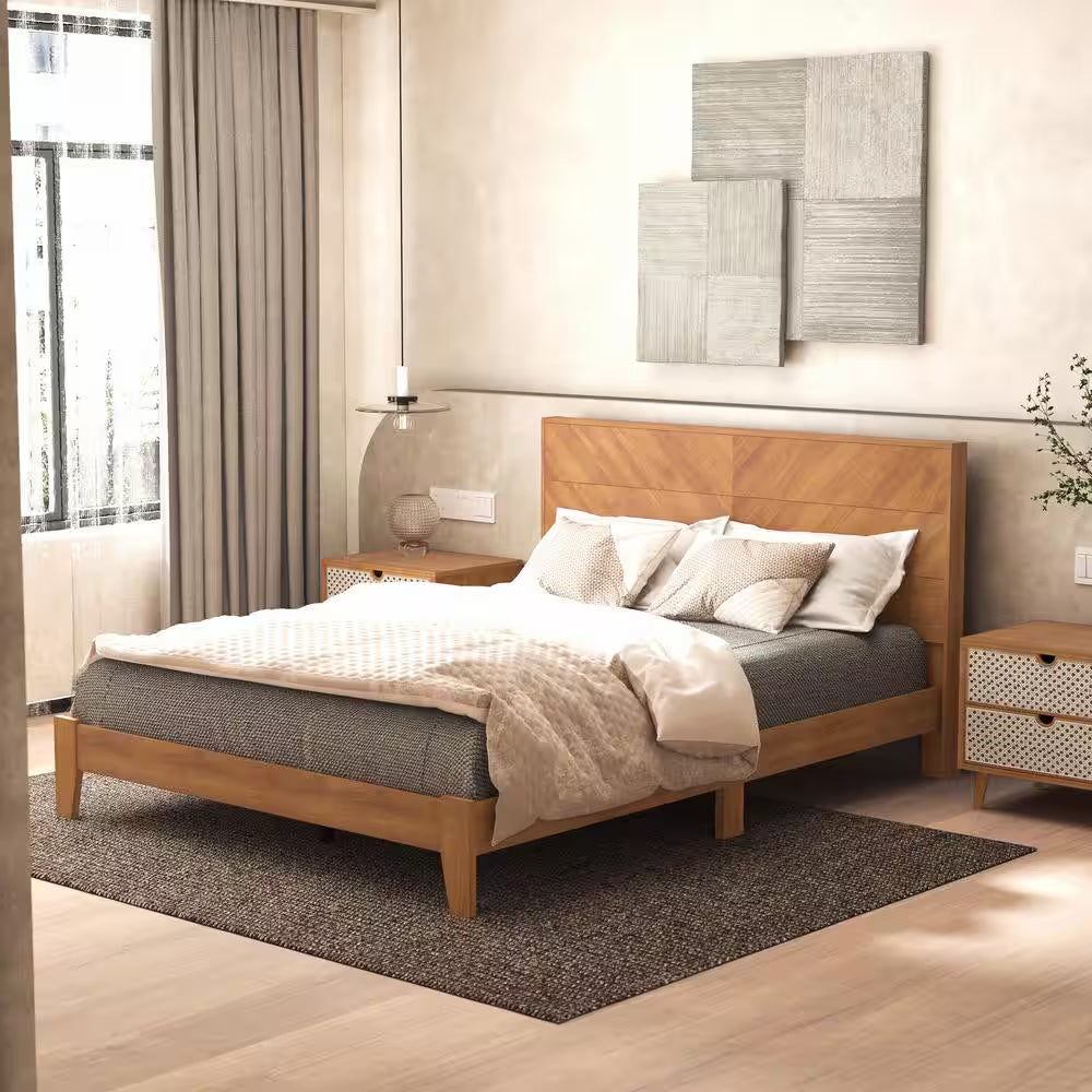 Weiss Amber Walnut Wood Frame Queen Platform Bed with Headboard