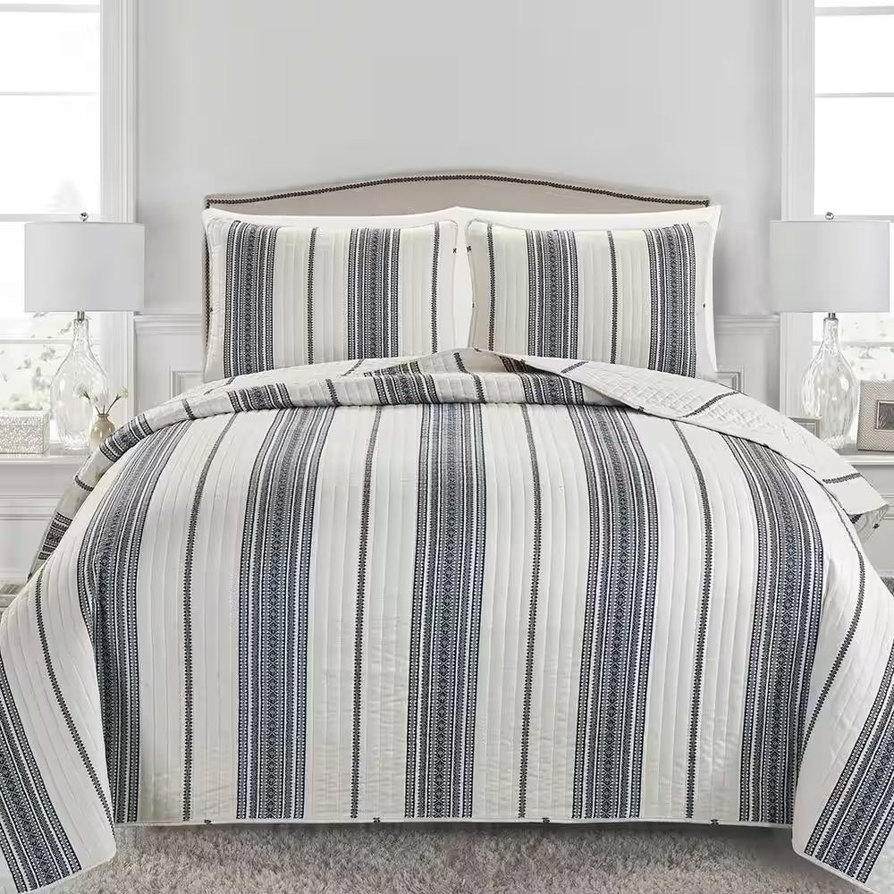 Blue Farmhouse Inspired Stripe Twin Microfiber 2-Piece Quilt Set Bedspread