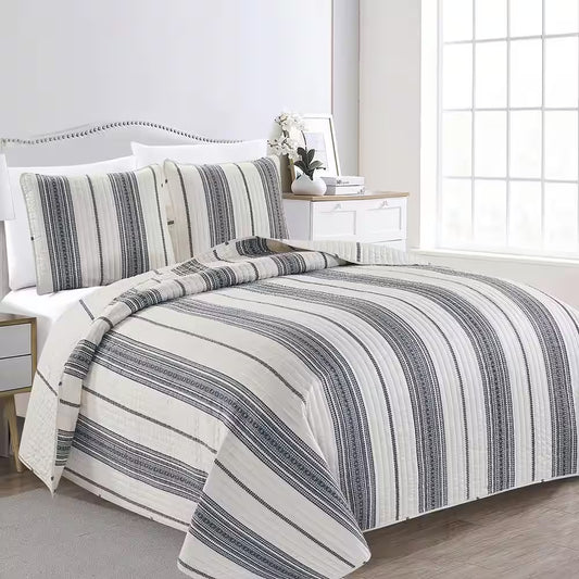 Blue Farmhouse Inspired Stripe Twin Microfiber 2-Piece Quilt Set Bedspread